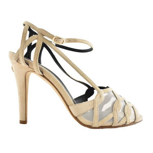 Chanel 18C Beige Suede Mesh CC Logo Strappy Ankle Strap Sandals Heel Pump 37